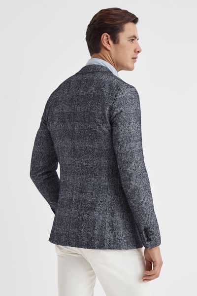 Slim Fit Single Breasted Check Blazer in Navy