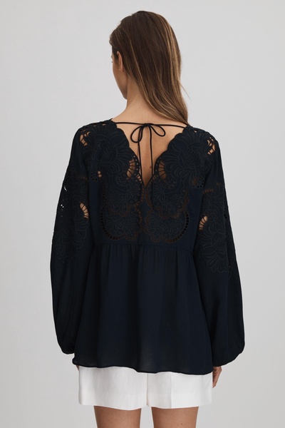 Lace Cut-Out Blouse in Navy