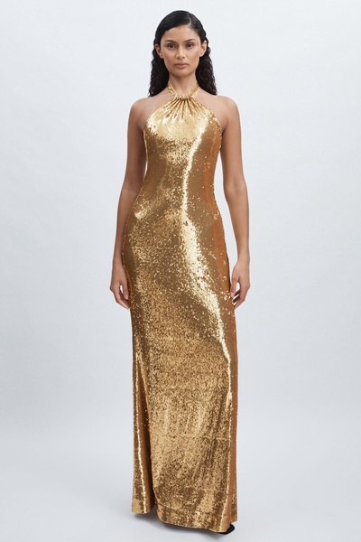 Halston Sequin Halterneck Maxi Dress in Gold