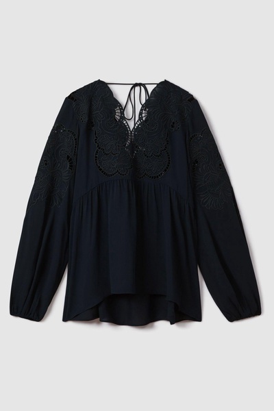 Lace Cut-Out Blouse in Navy