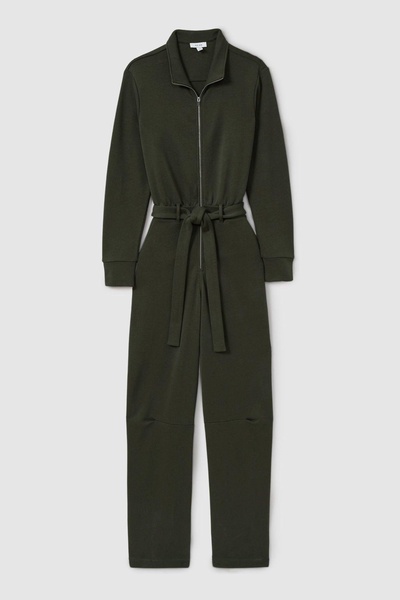 Belted Loopback-Jersey Jumpsuit in Khaki