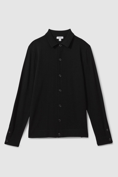 Merino Wool Button-Through Cardigan in Black