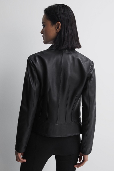 Leather Collarless Biker Jacket in Black