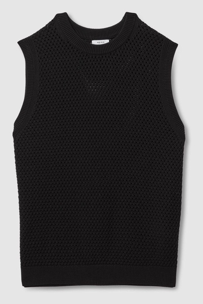 Cotton Blend Crochet Vest in Black