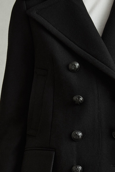 Wool Blend Double Breasted Pea Coat in Black