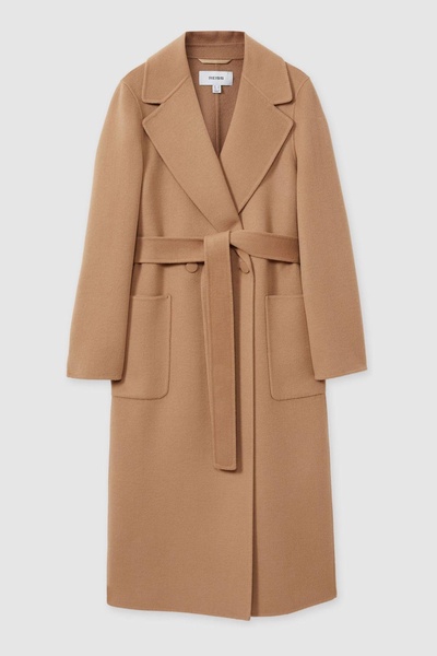 Wool Blend Double Breasted Blindseam Coat in Light Camel