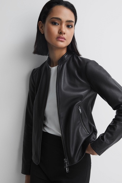 Leather Collarless Biker Jacket in Black