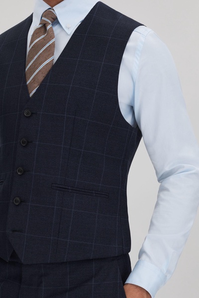 Klink Navy Wool Check Single Breasted Slim Fit Waistcoat