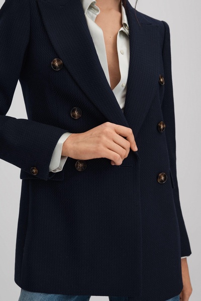 Lana Navy Tailored Textured Wool Blend Double Breasted Blazer