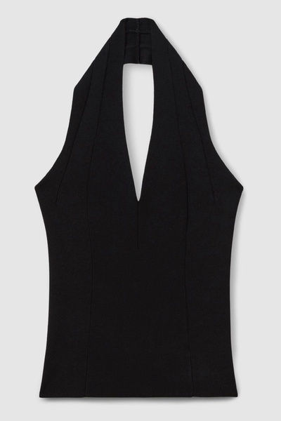 Knitted Panelled Halter Neck Top in Black