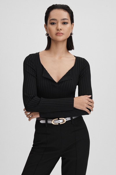 Ribbed Open Collar Top in Black