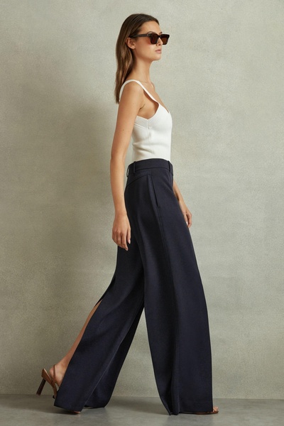 Wide Leg Split Hem Trousers in Navy