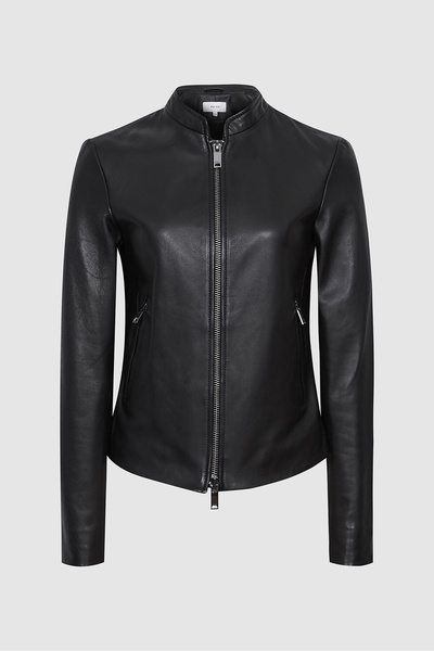 Leather Collarless Biker Jacket in Black