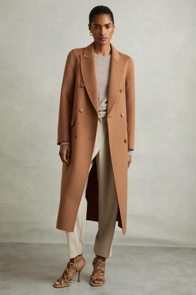 Petite Wool Blend Double Breasted Blindseam Trench Coat in Toffee