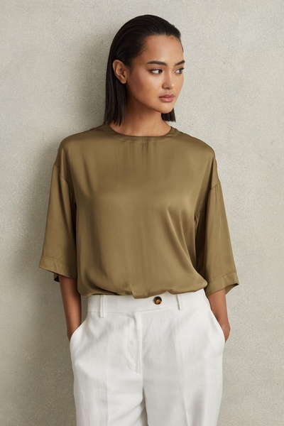 Relaxed Satin Blouse in Khaki