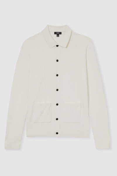 Wool Cabled-Knitted Cardigan in White