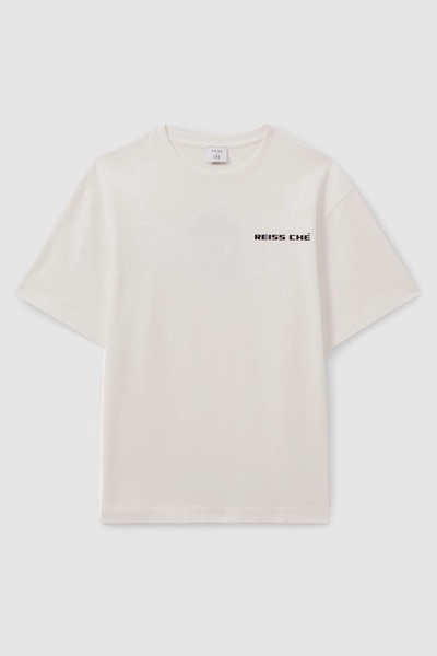 Reiss | Ché Oversized Cotton Aperitif Print T-Shirt in White/Blue