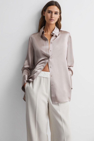 Oversized Silk Button Through Shirt in Champagne