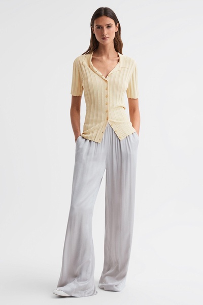 Fitted Striped Button Through T-Shirt in Lemon