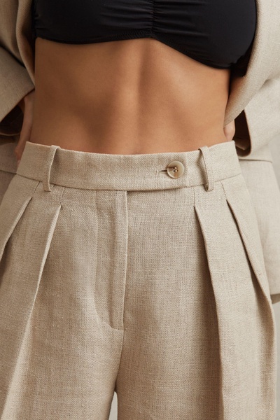 Petite Linen Wide Leg Suit Trousers in Natural