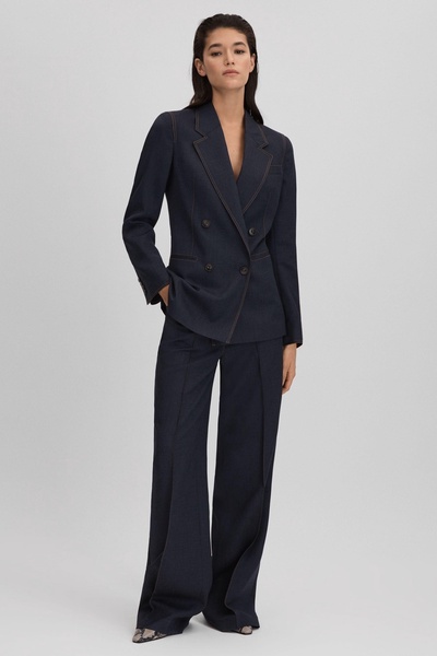 Wool Blend Denim Look Suit Blazer in Navy