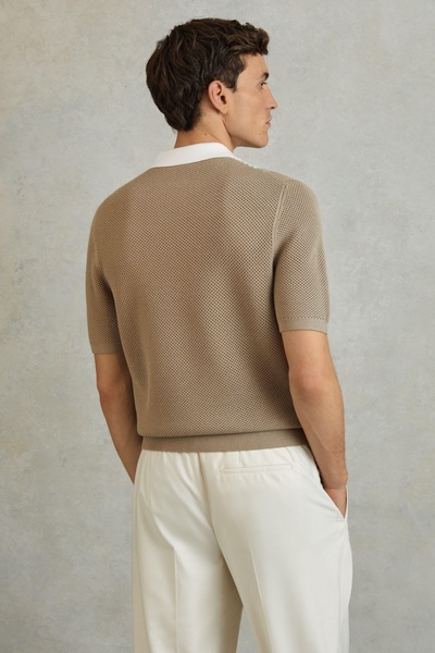 Open-Stitch Half-Zip Polo Shirt in Camel/White