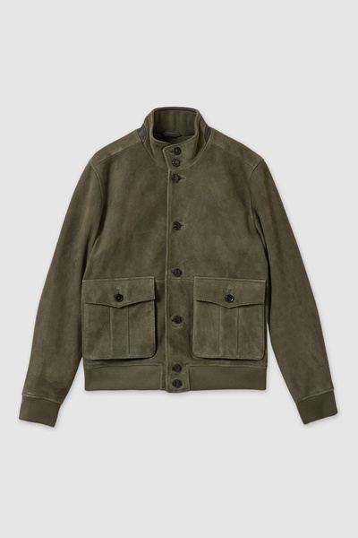 Suede Harrington Jacket in Light Khaki Green