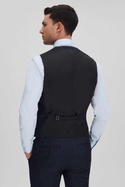 Klink Navy Wool Check Single Breasted Slim Fit Waistcoat