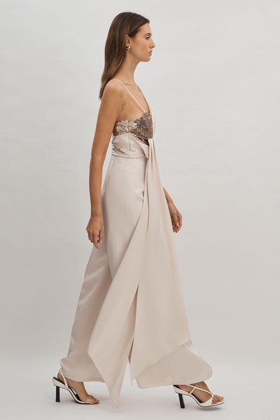 Halston Satin Sequin Wide Leg Jumpsuit in Champagne