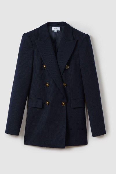 Lana Navy Tailored Textured Wool Blend Double Breasted Blazer