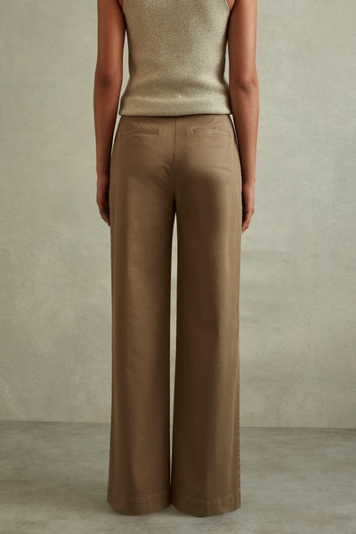 Cotton Blend Wide Leg Trousers in Dark Camel