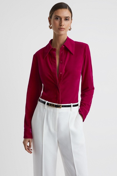 Velvet Button-Through Shirt in Pink