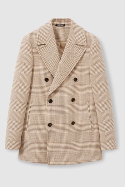 Wool Blend Double Breasted Peacoat in Oatmeal Check