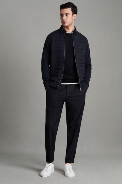 Hybrid Quilt and Knit Zip-Through Jacket in Navy