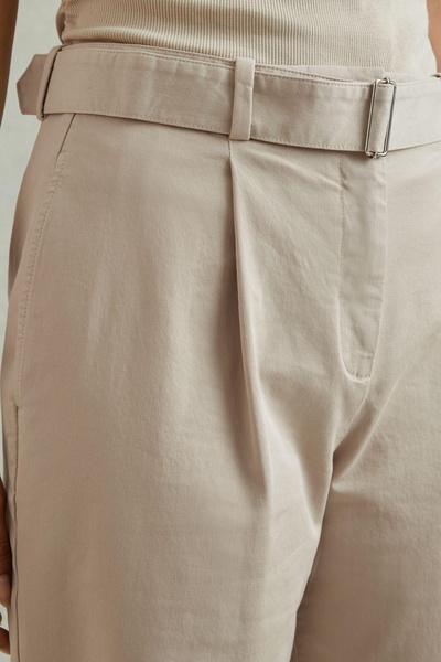 Cropped Cotton Blend Belted Trousers in Stone