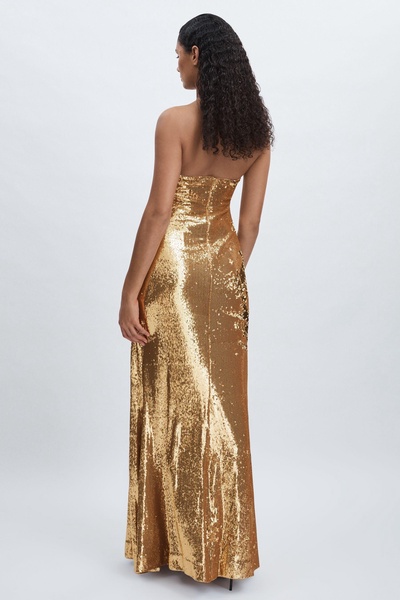 Halston Sequin Halterneck Maxi Dress in Gold