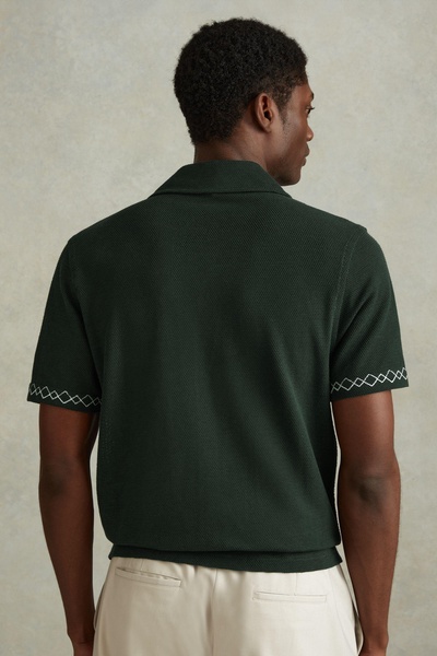 Textured Embroidered Cuban Collar Shirt in Green/Ecru