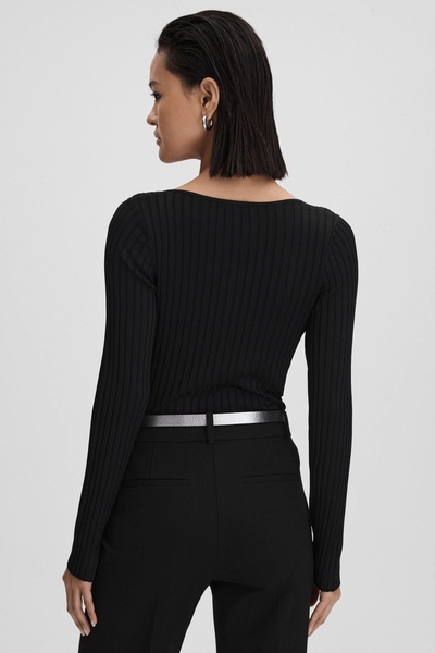 Ribbed Open Collar Top in Black