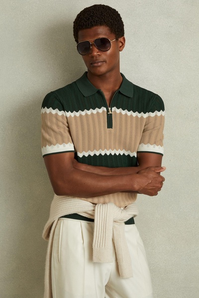 Alton Forest Green/Light Camel Knitted Zig-Zag Half-Zip Polo Shirt