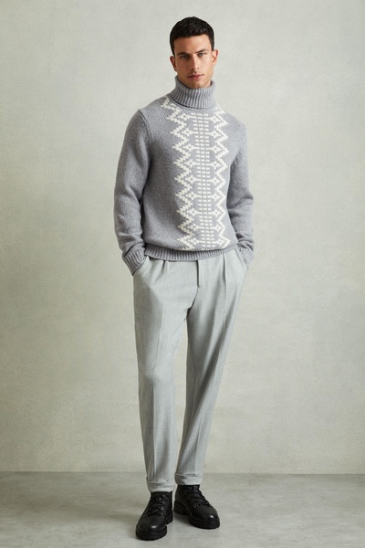 Wool Blend Fair Isle Roll-Neck Jumper in Grey