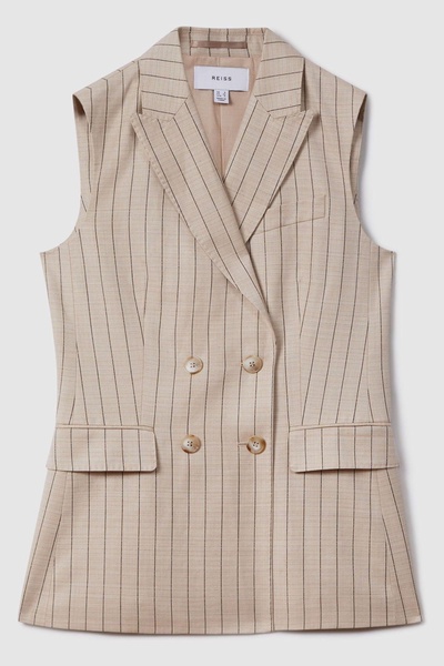 Wool Blend Striped Double Breasted Waistcoat in Neutral