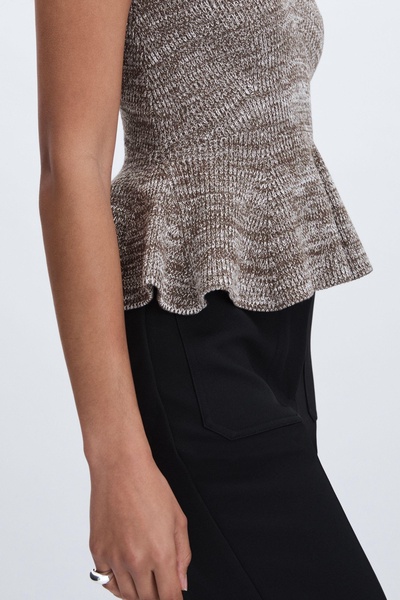 Anna Quan Cotton-Blend Knitted Peplum Top in Grey Marl