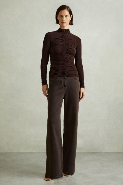 Ruched High-Neck Jersey Top in Chocolate