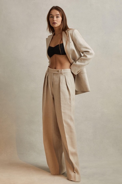 Petite Linen Wide Leg Suit Trousers in Natural