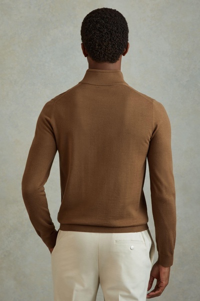 Merino Wool Half-Zip Funnel Neck Jumper in Tobacco Brown