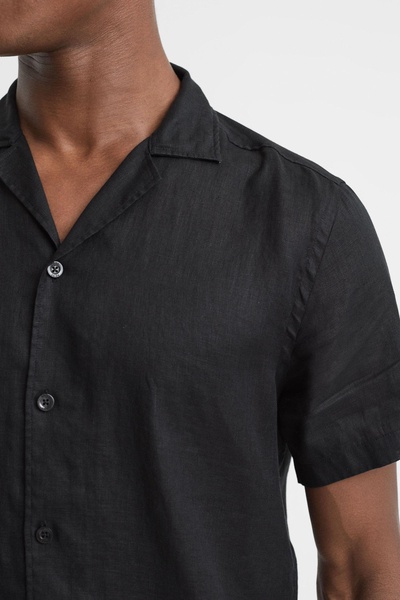 Slim Fit Linen Cuban Collar Shirt in Black