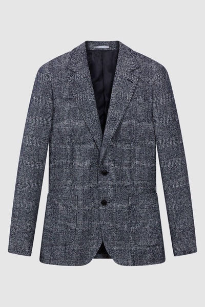 Slim Fit Single Breasted Check Blazer in Navy