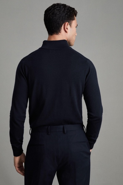 Merino Wool Half-Zip Funnel Neck Jumper in Navy