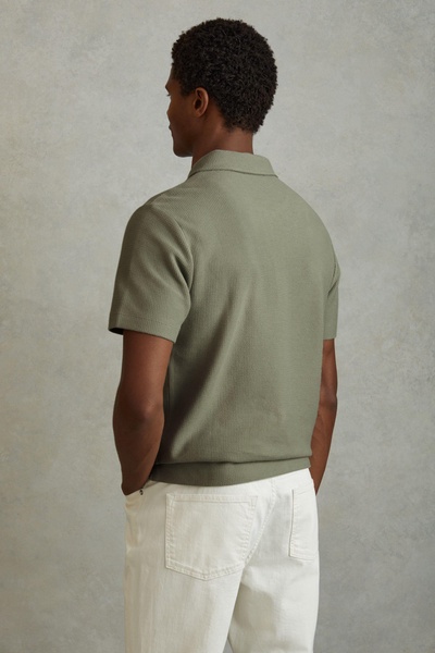 Textured Cotton Half-Zip Polo Shirt in Pistachio