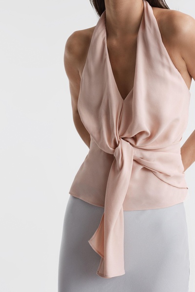 Tie Halter Neck Blouse in Nude